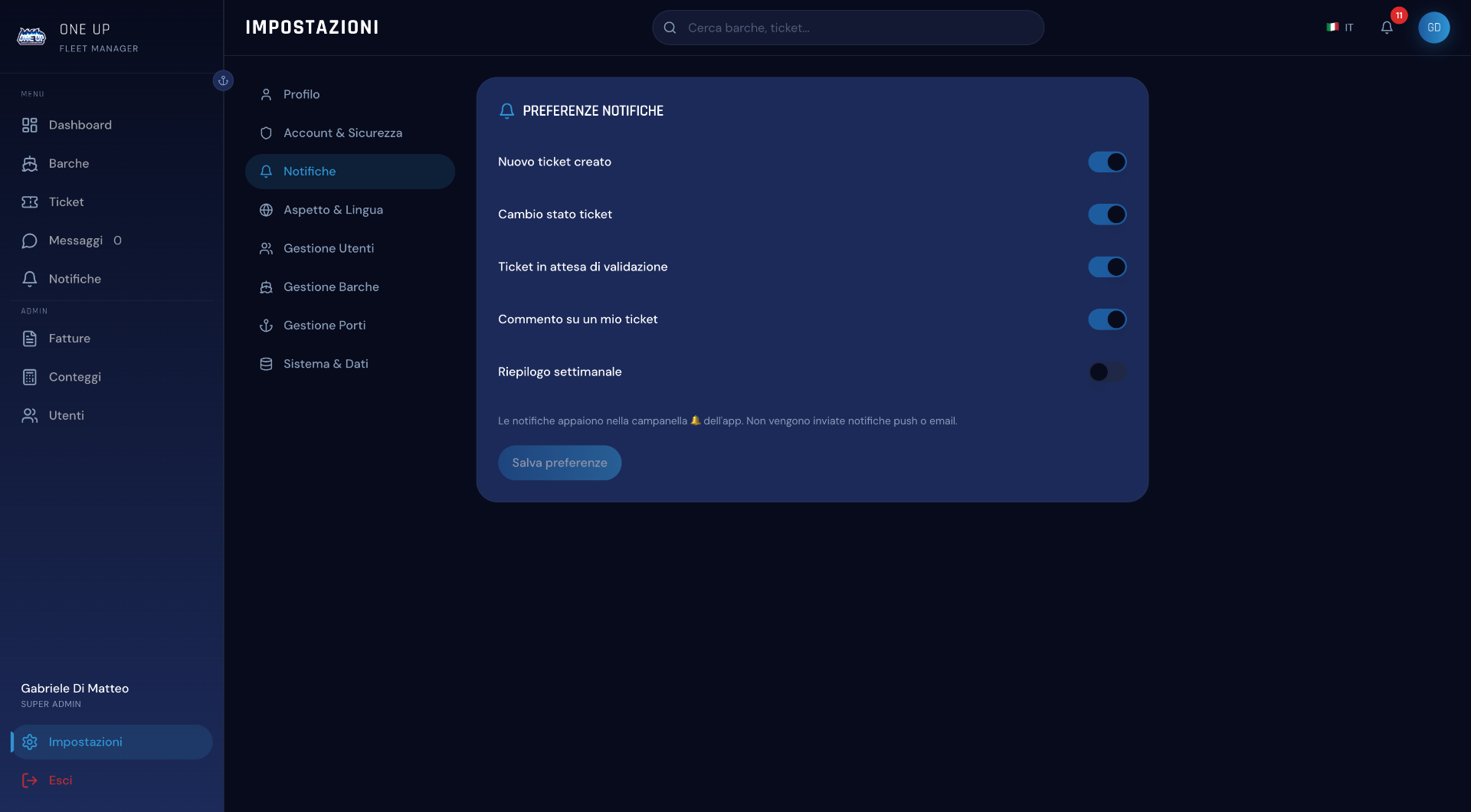 ONE UP — Preferenze Notifiche